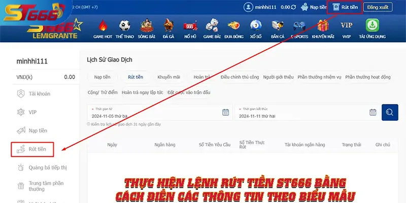 Giao diện rút tiền ST666, minh chứng tốc độ xử lý