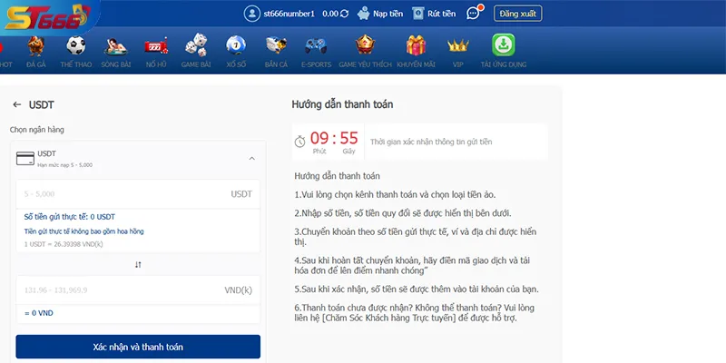 Thao tác chuyển USDT từ Binance về ST666 với mạng TRC20